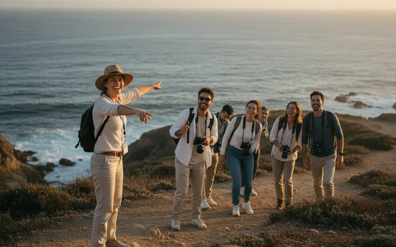 A guide leading a small group along a coastal path