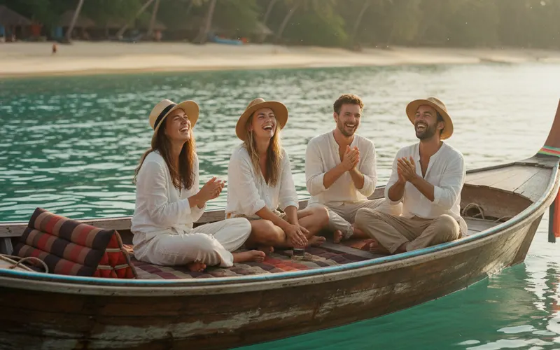 A small tour group on a boat on turquoise water