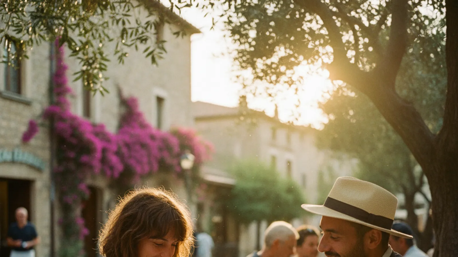 A traveler and a local guide chatting over a map at a sunny outdoor cafe table