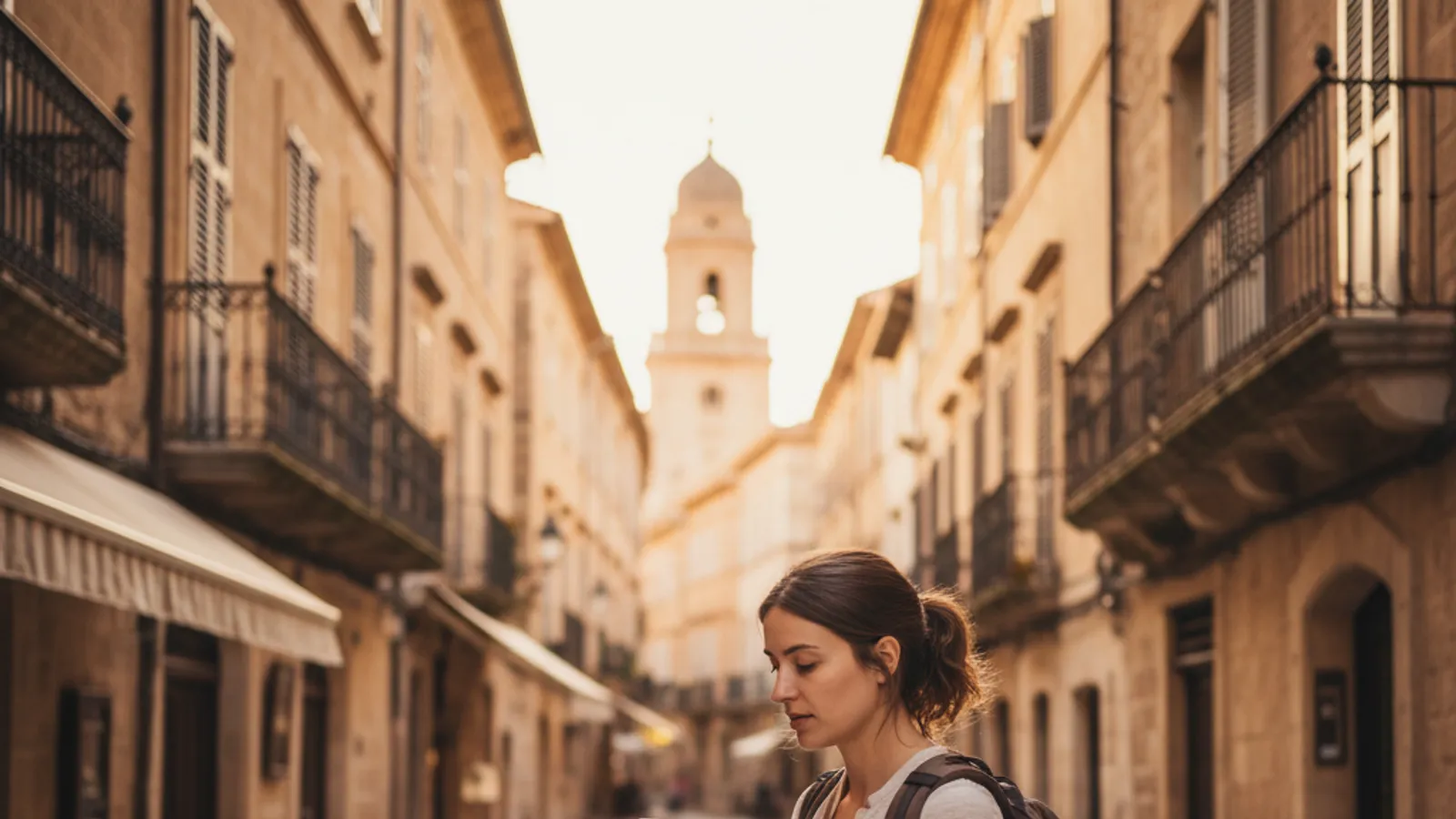 A traveler in a sunlit old-town street checking a phone for things to do nearby